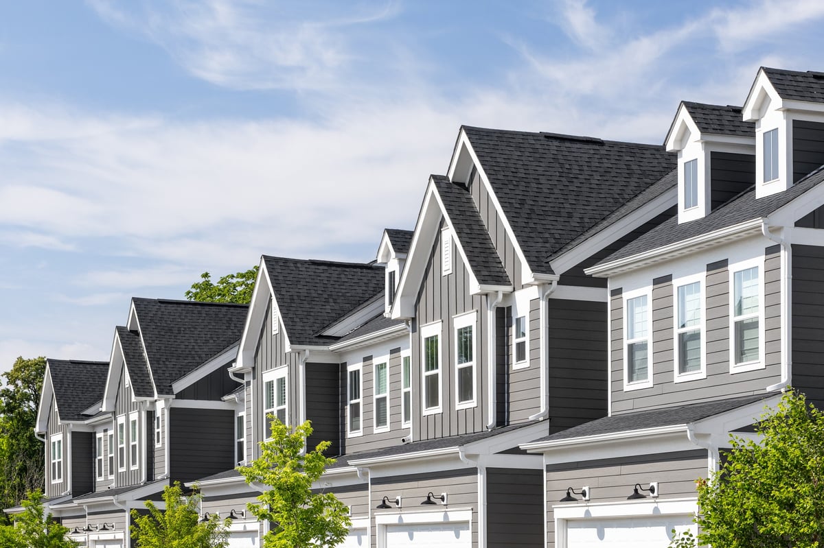 Modern farmhouse townhomes with board and batten siding