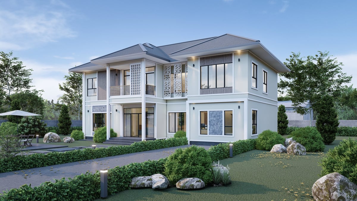 Modern single-family home with lush garden and driveway